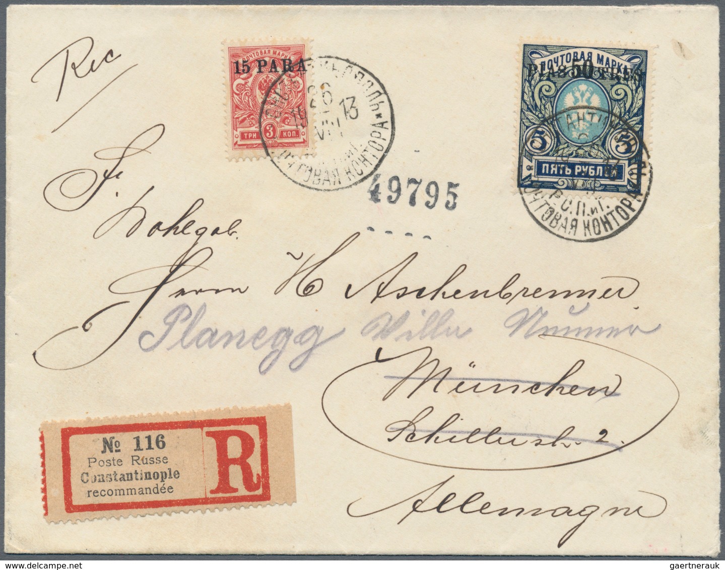 Russische Post In Der Levante - Staatspost: 1913,registered Letter Franked With 15 Para On 3 Kop. An - Turkish Empire