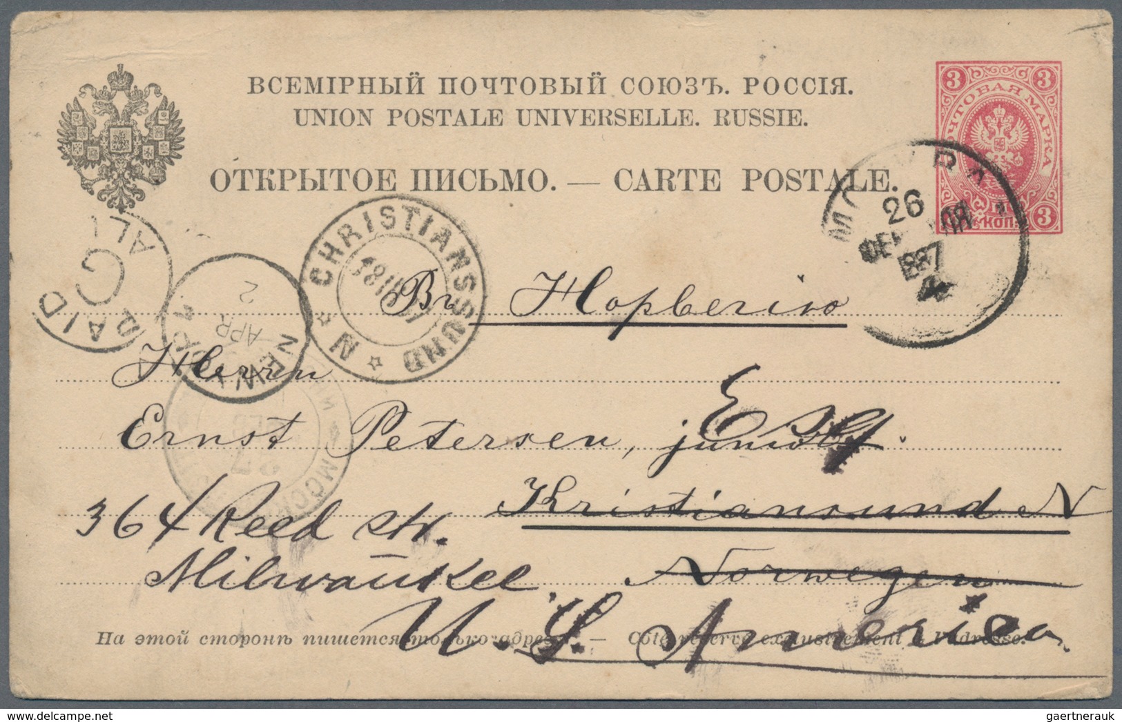 Russland - Ganzsachen: 1887 Postal Stationery Card From Moscow To Christiansund Norway And Then Redi - Ganzsachen