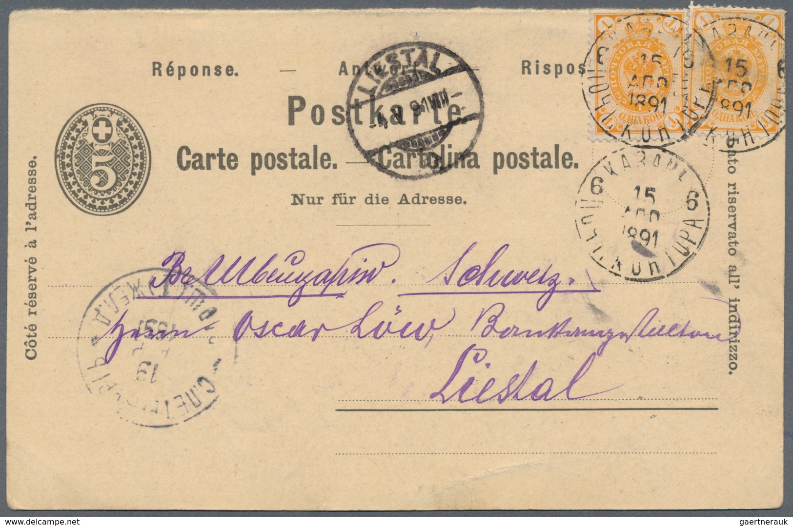 Russland - Ganzsachen: 1891 Postal Stationery Card Uprated With 2x 1 Kop. Reply Part From Kazan Via - Ganzsachen