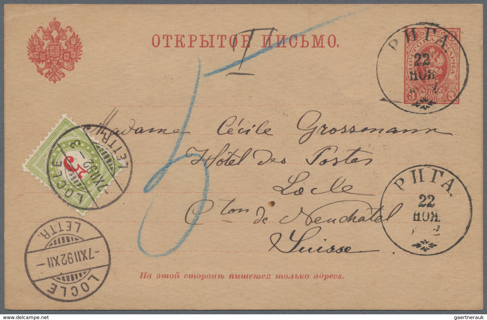 Russland - Ganzsachen: 1892 Postal Stationery Card With Postage Due Of Switzerland To Locle - Entiers Postaux