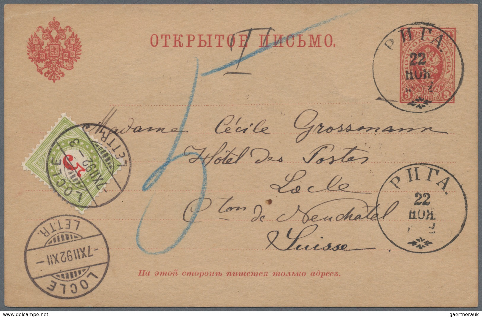 Russland - Ganzsachen: 1892 Postal Stationery Card With Postage Due Of Switzerland To Locle - Stamped Stationery