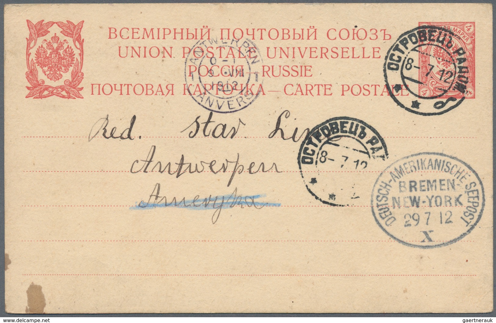 Russland - Ganzsachen: 1912 Postal Stationery Card From Ostrowicz Poland Missent With German Shipmai - Entiers Postaux