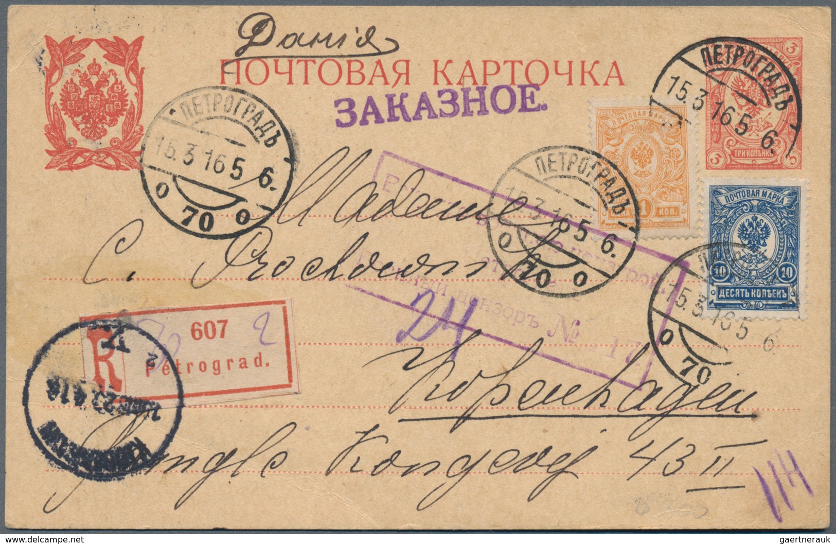 Russland - Ganzsachen: 1916 Registered And Censored Postal Stationery Card From Petrograd To Copenha - Entiers Postaux