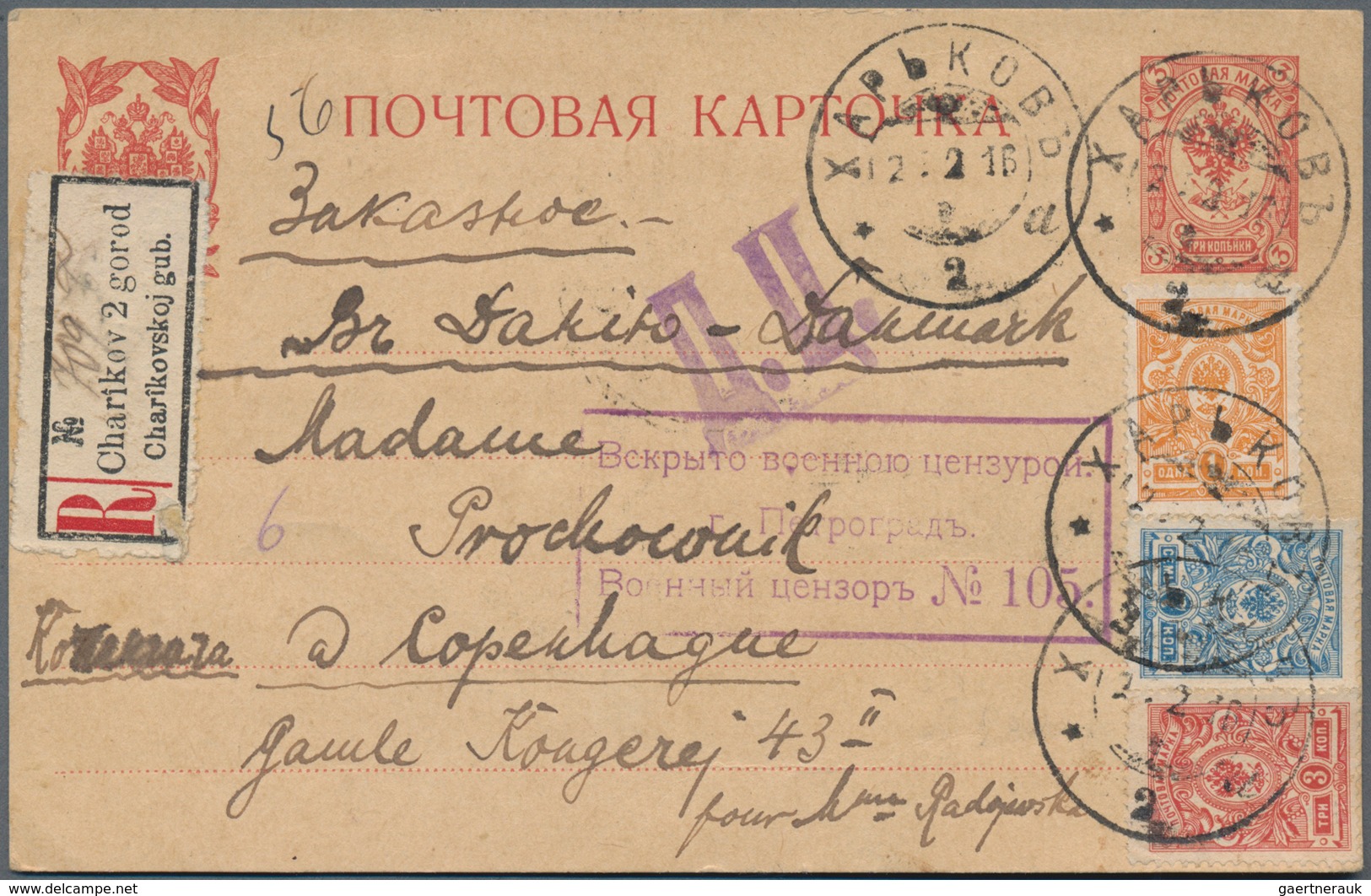 Russland - Ganzsachen: 1916 Registered And Double Censored Postal Stationery Card From Kharkov To Co - Entiers Postaux