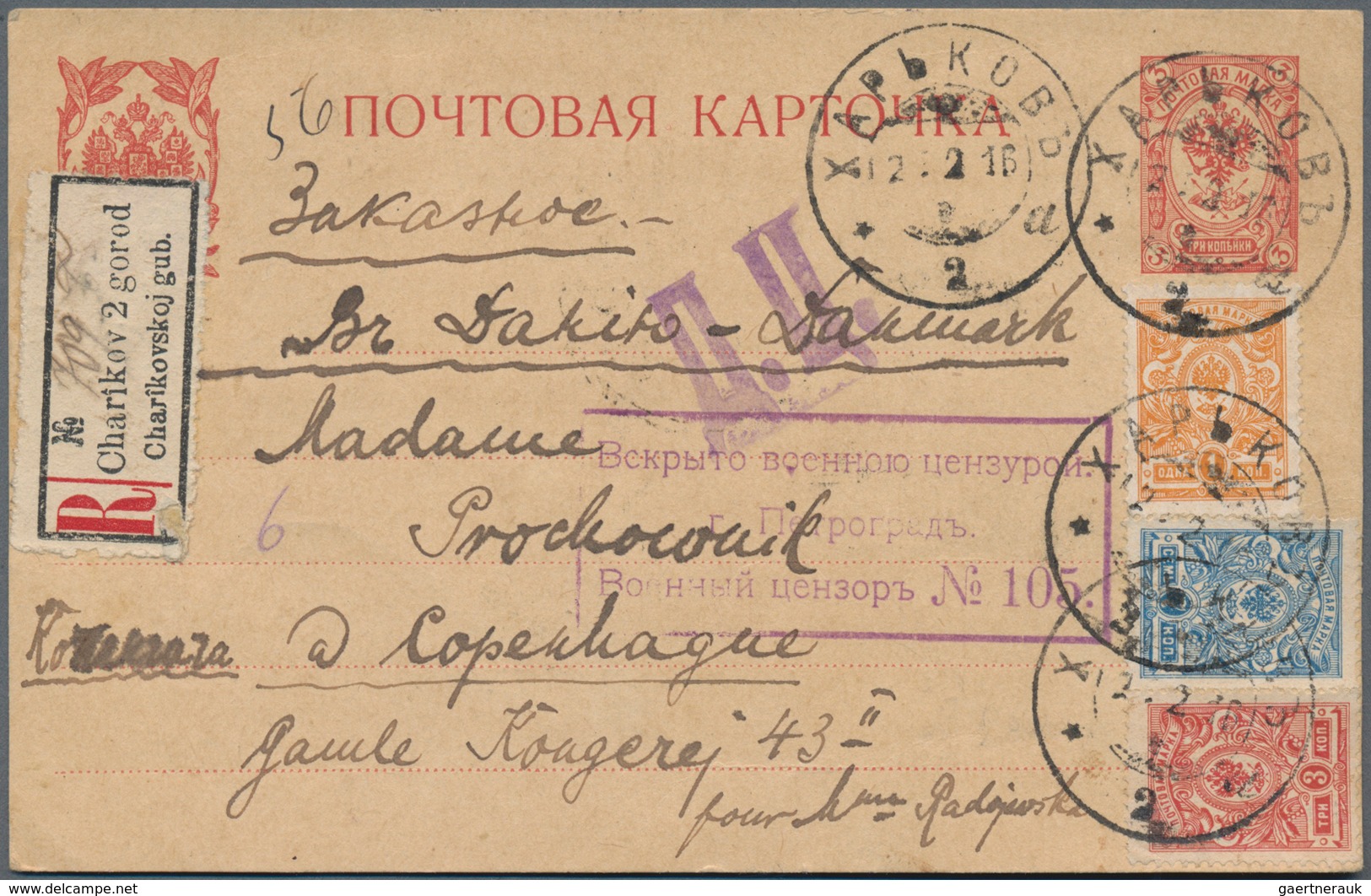 Russland - Ganzsachen: 1916 Registered And Double Censored Postal Stationery Card From Kharkov To Co - Stamped Stationery