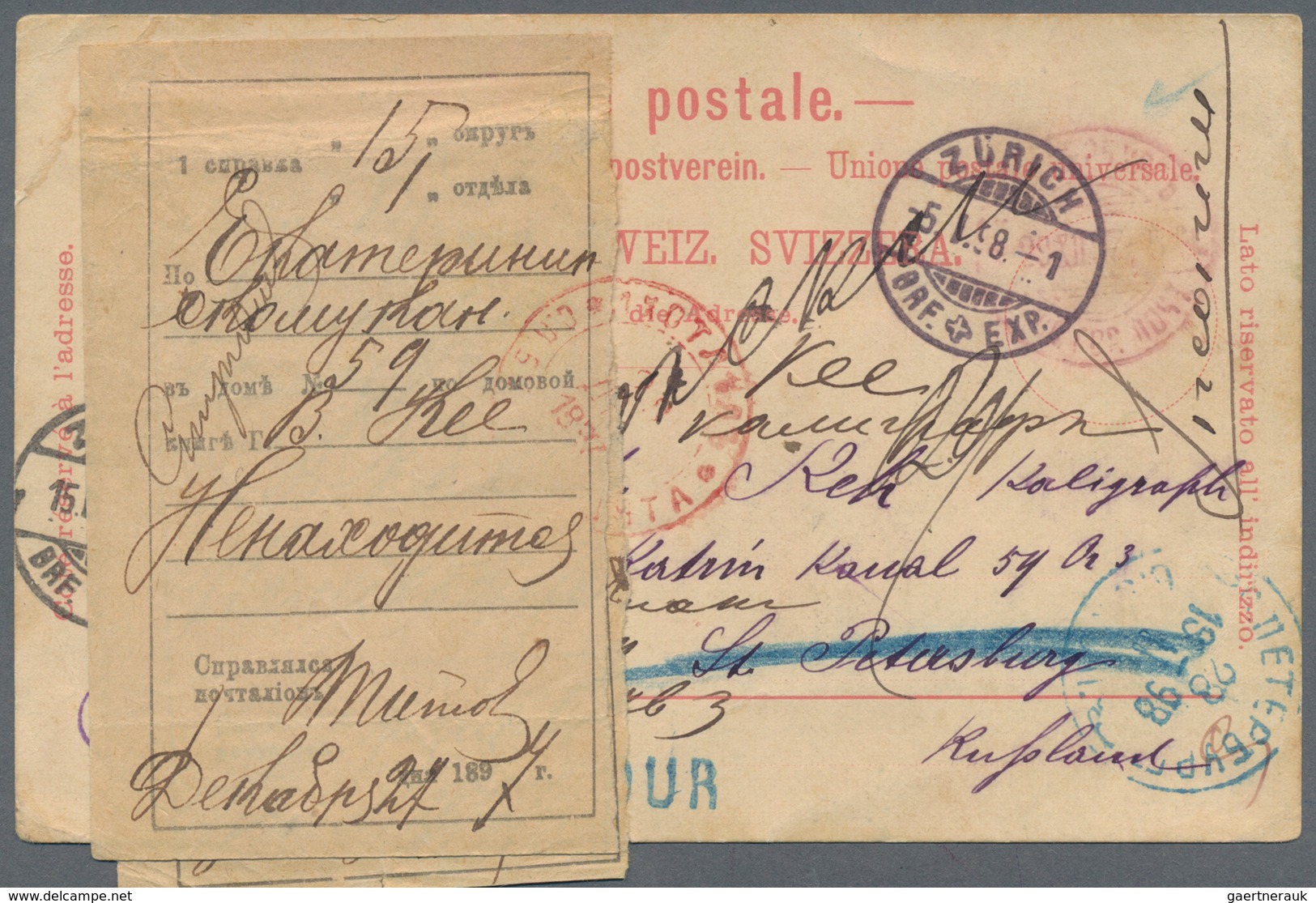 Russland - Besonderheiten: 1898 Incoming Mail Postal Stationery Card From Zurich To St. Petersburg W - Other & Unclassified