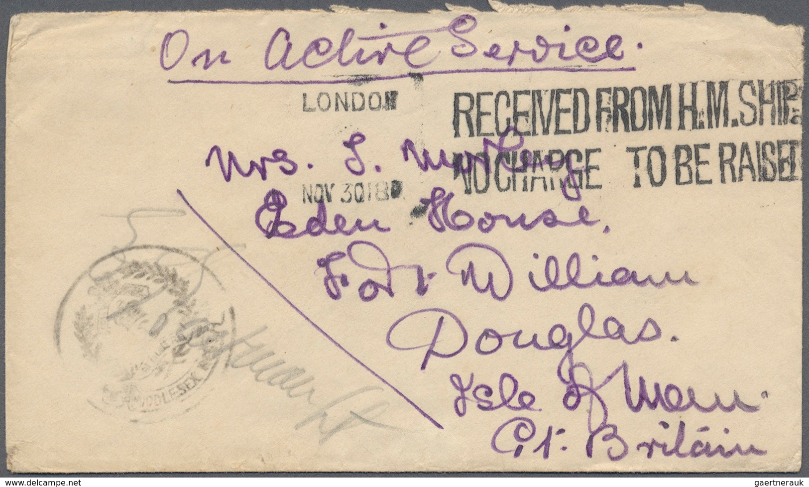 Russland - Besonderheiten: 1918. Stampless Envelope Written From By 'Drummer J. Morley, 25th Middles - Autres & Non Classés