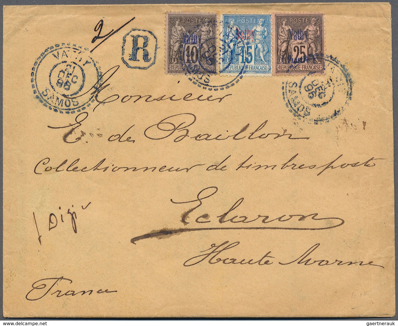 Samos: 1896. Registered Envelope Addressed To France Bearing Vathy Yvert 5, 10c Black/lilac, Yvert 6 - Local Post Stamps