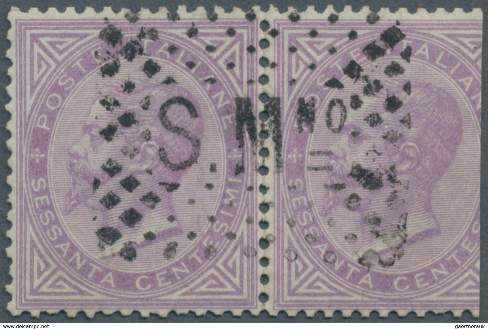 San Marino: FORERUNNER ITALY: 1863, 60 C Light Lila Horizontal Pair (cut/faults) Cancelled With Clea - Neufs