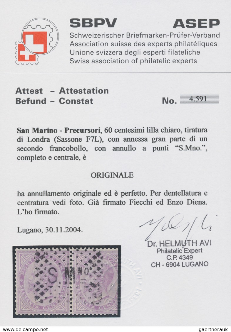 San Marino: FORERUNNER ITALY: 1863, 60 C Light Lila Horizontal Pair (cut/faults) Cancelled With Clea - Neufs