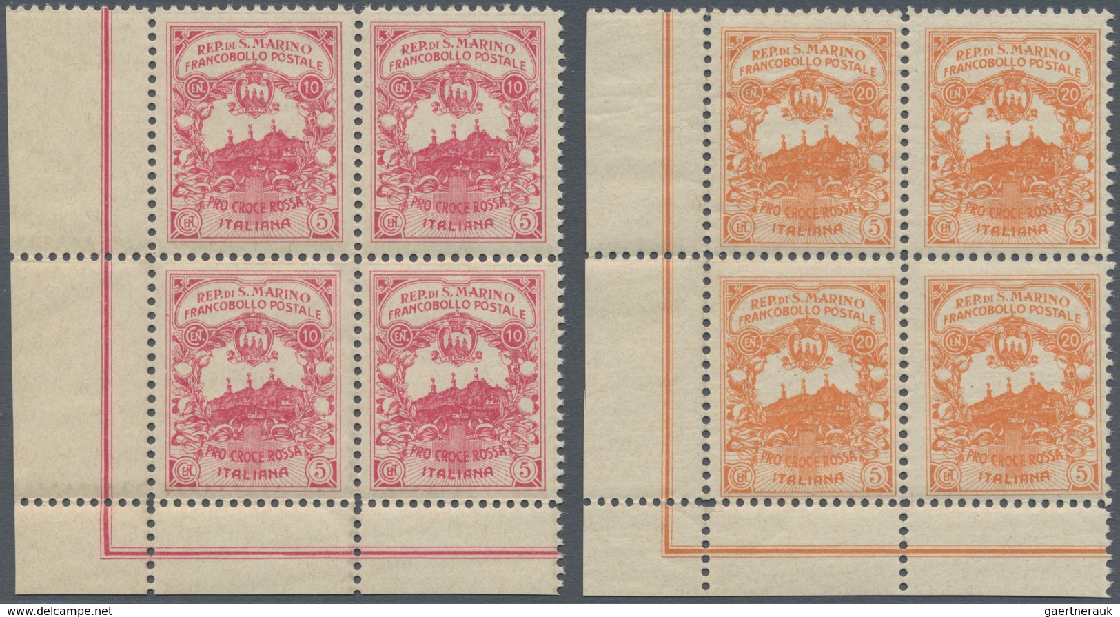 San Marino: 1916, UNISSUED RED CROSS Stamps 'Pro Croce Rossa' 10+5cent. Carmine And 20+5c. Orange Bo - Neufs