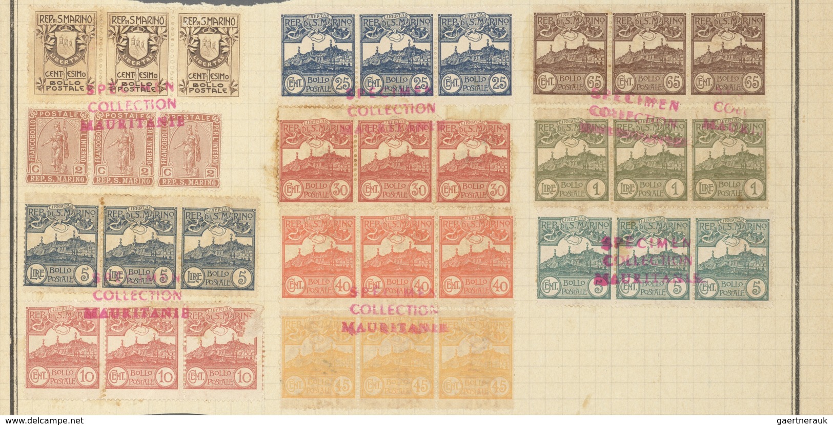 San Marino: 1918/1925 (ca). 40 Strips Of 3 On UPU Album Pages, Red Overprint "specimen Collection Ma - Neufs