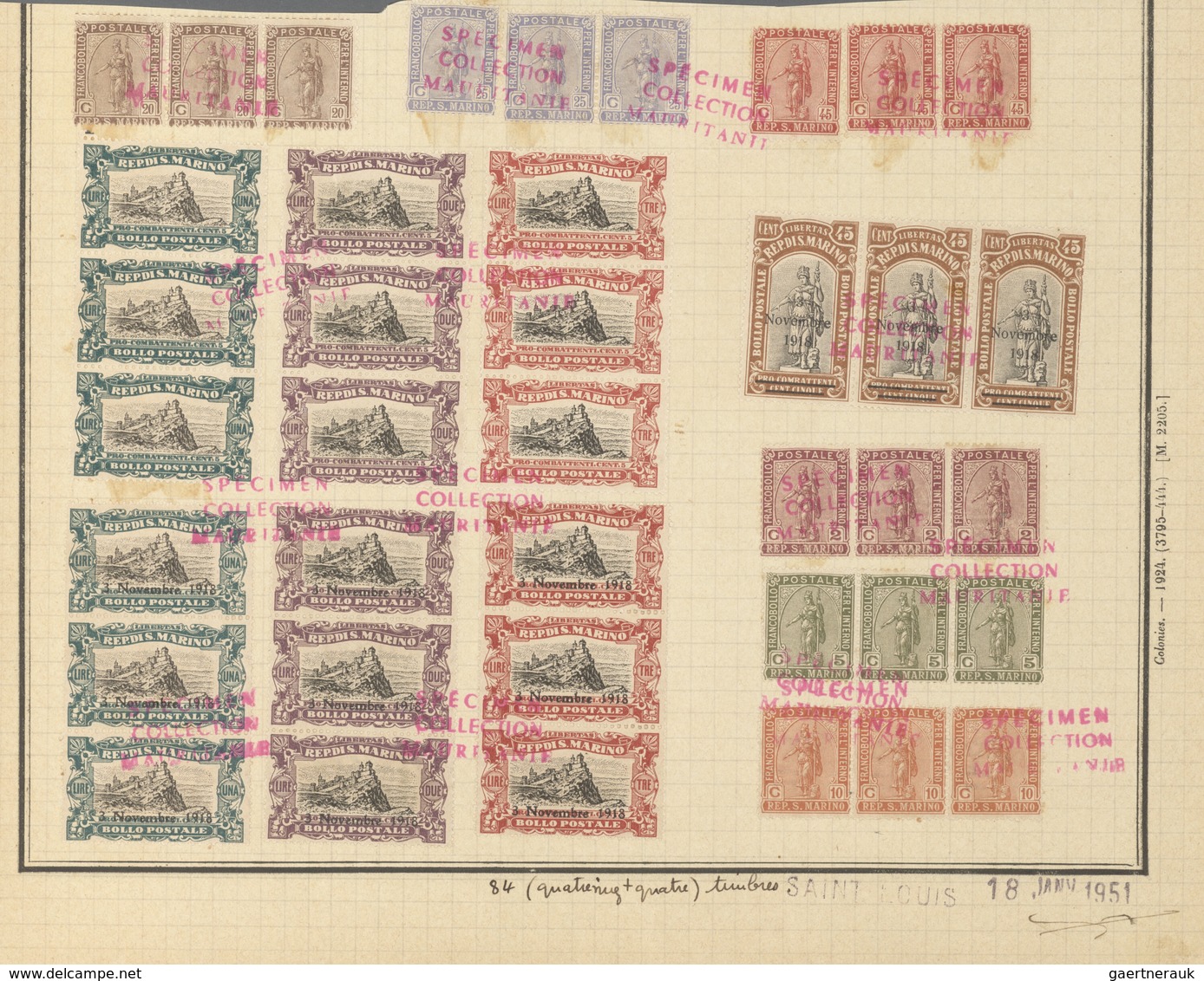 San Marino: 1918/1925 (ca). 40 Strips Of 3 On UPU Album Pages, Red Overprint "specimen Collection Ma - Ungebraucht