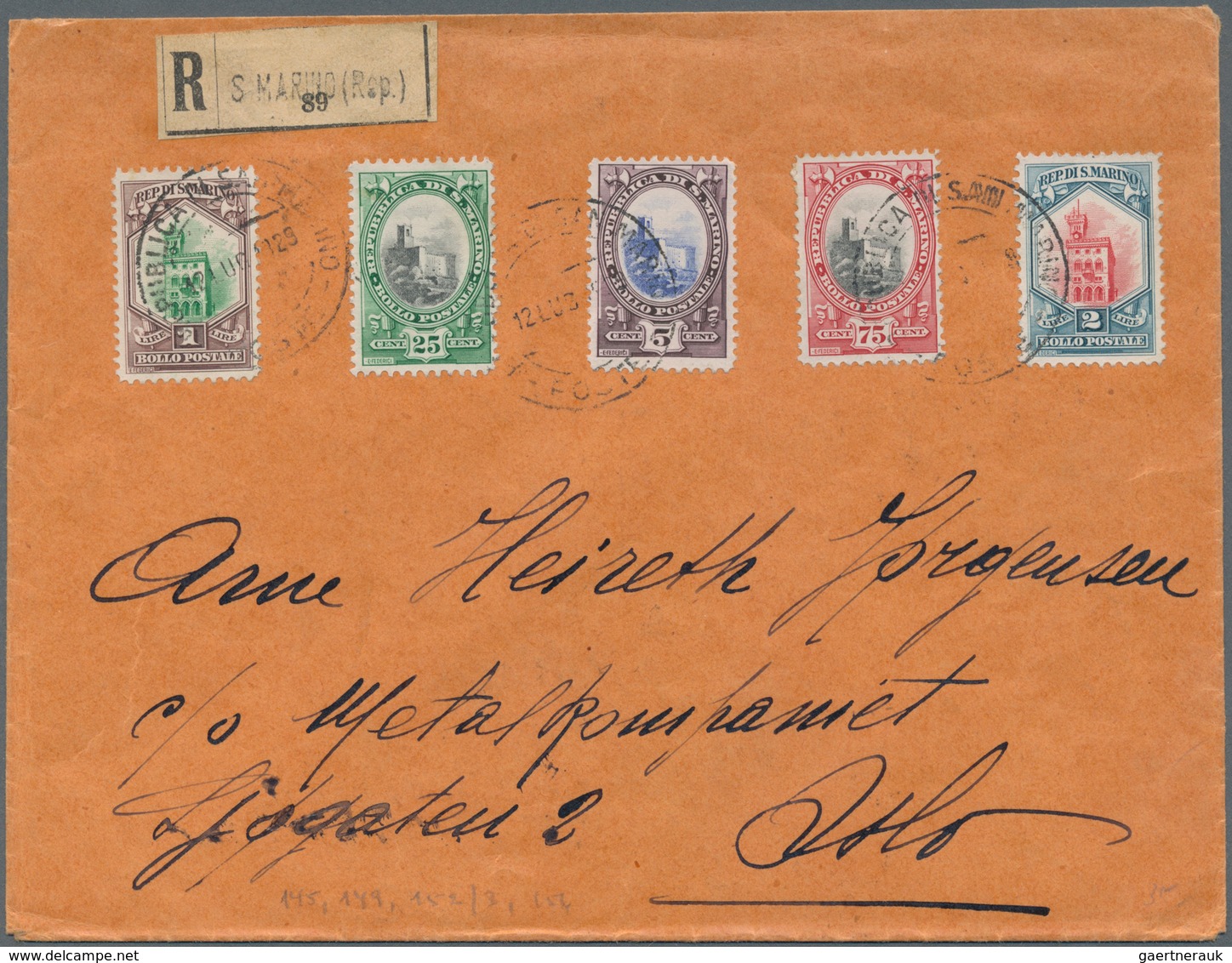 San Marino: 1929, 5 Colours Franking On Registered Letter (reverse "Ufficio Postale Di Citta") To Os - Unused Stamps