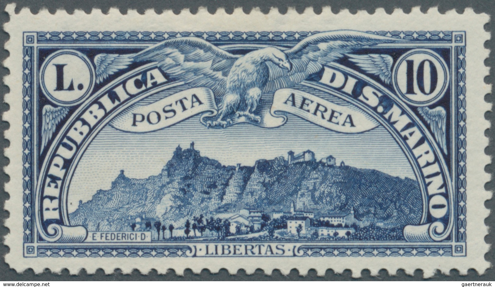 San Marino: 1931, Airmail Stamp ‚Monte Titano‘ 10l. Blue Mint Lightly Hinged, Very Scarce Stamp! Mi. - Neufs