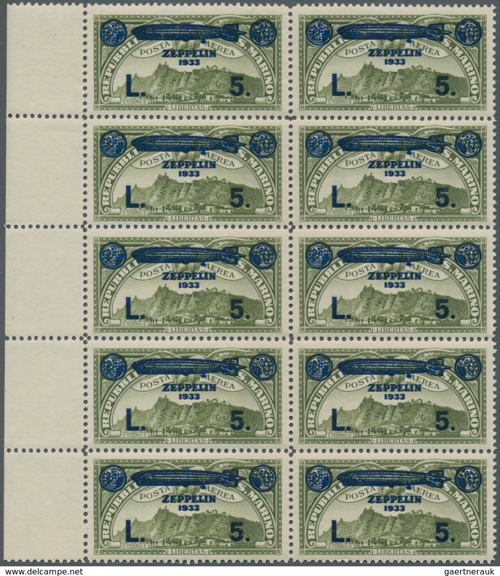 San Marino: 1933, Airmail Stamp ‚Monte Titano‘ 80c. Olive With Blue Opt. ‚ZEPPELIN 1933 / L. 5.‘ Blo - Neufs