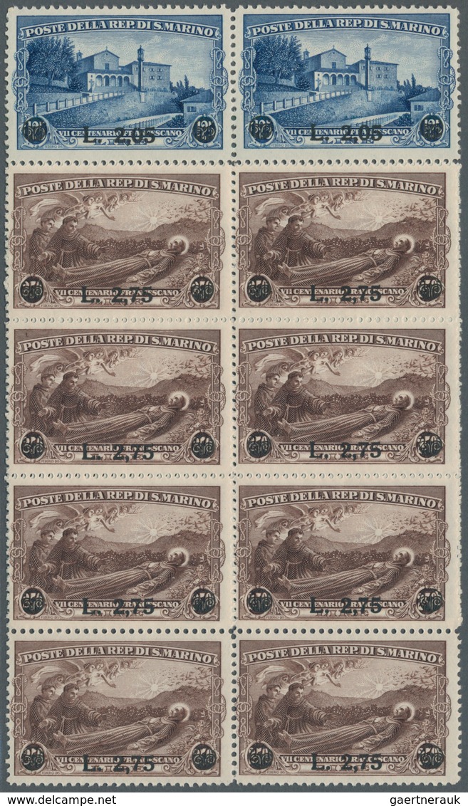 San Marino: 1936, Francisco Of Assisi Surcharges Set Of Two In Blocks Of Eight, Mint Never Hinged, M - Neufs