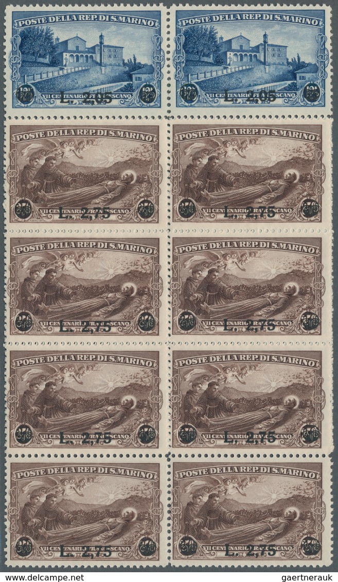 San Marino: 1936, Francisco Of Assisi Surcharges Set Of Two In Blocks Of Eight, Mint Never Hinged, M - Unused Stamps