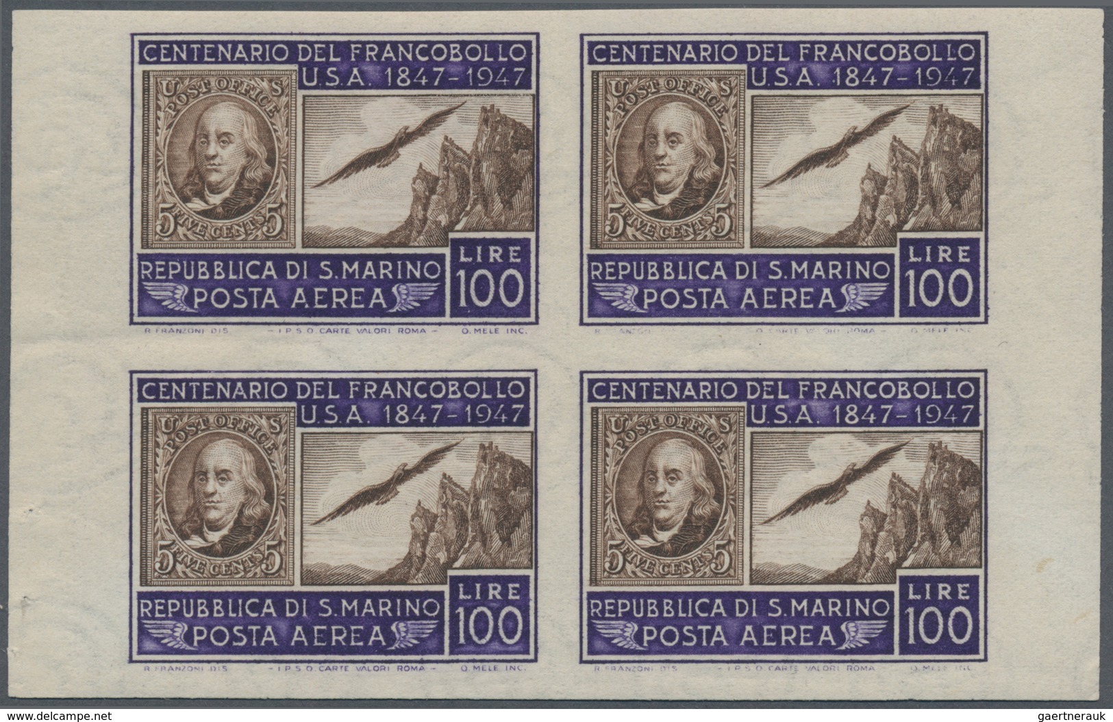 San Marino: 1947, 100 Years Stamps In USA Airmail Issue 100l. Violet/brown (eagle Over San Marino An - Neufs