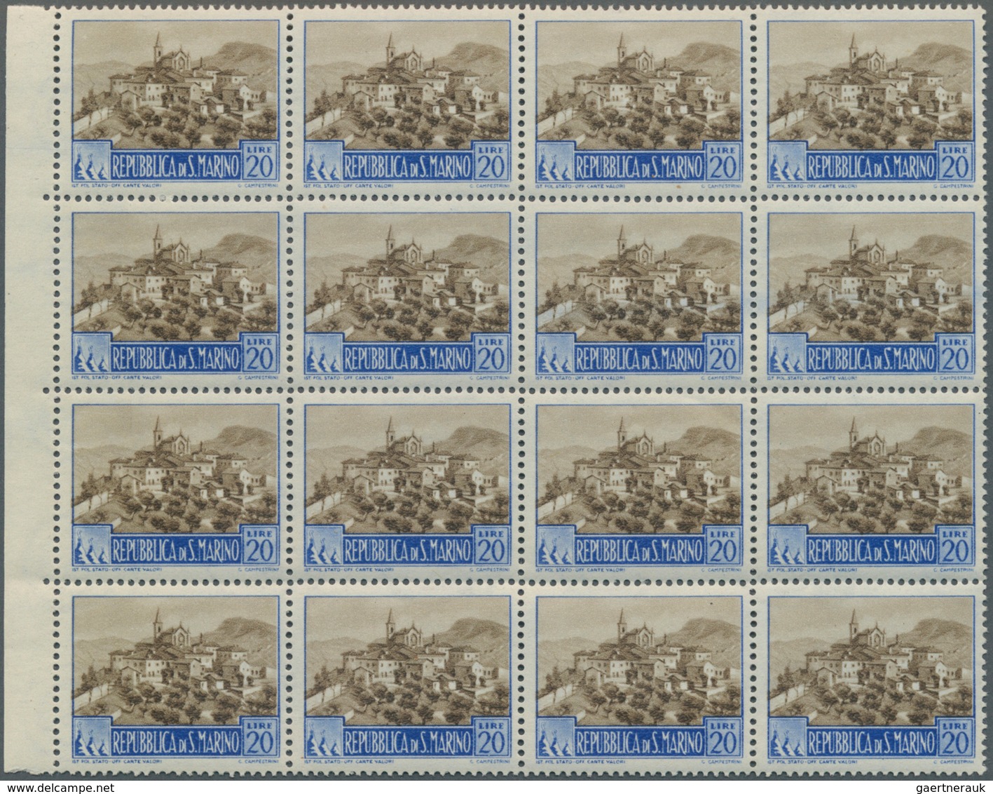 San Marino: 1950, Definitive Issue 20l. Brown/ultramarine ‚Capuchin Church‘ Block Of 16 From Left Ma - Unused Stamps