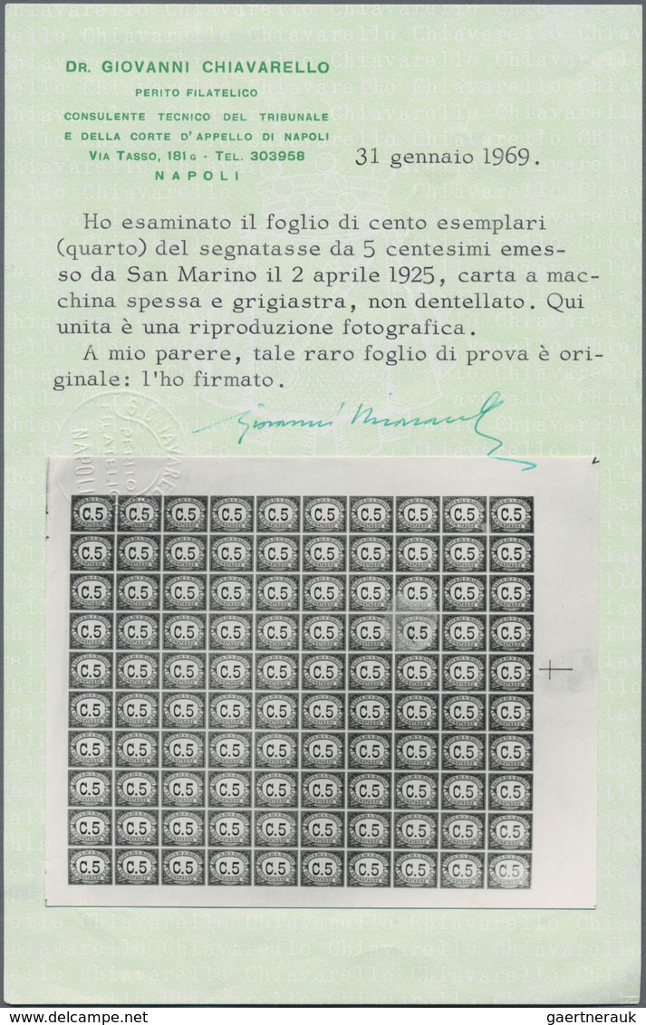 San Marino - Portomarken: 1925, 5c. Blue/brown, Imperforate Proof On Unwatermarked Ungummed Paper, B - Timbres-taxe