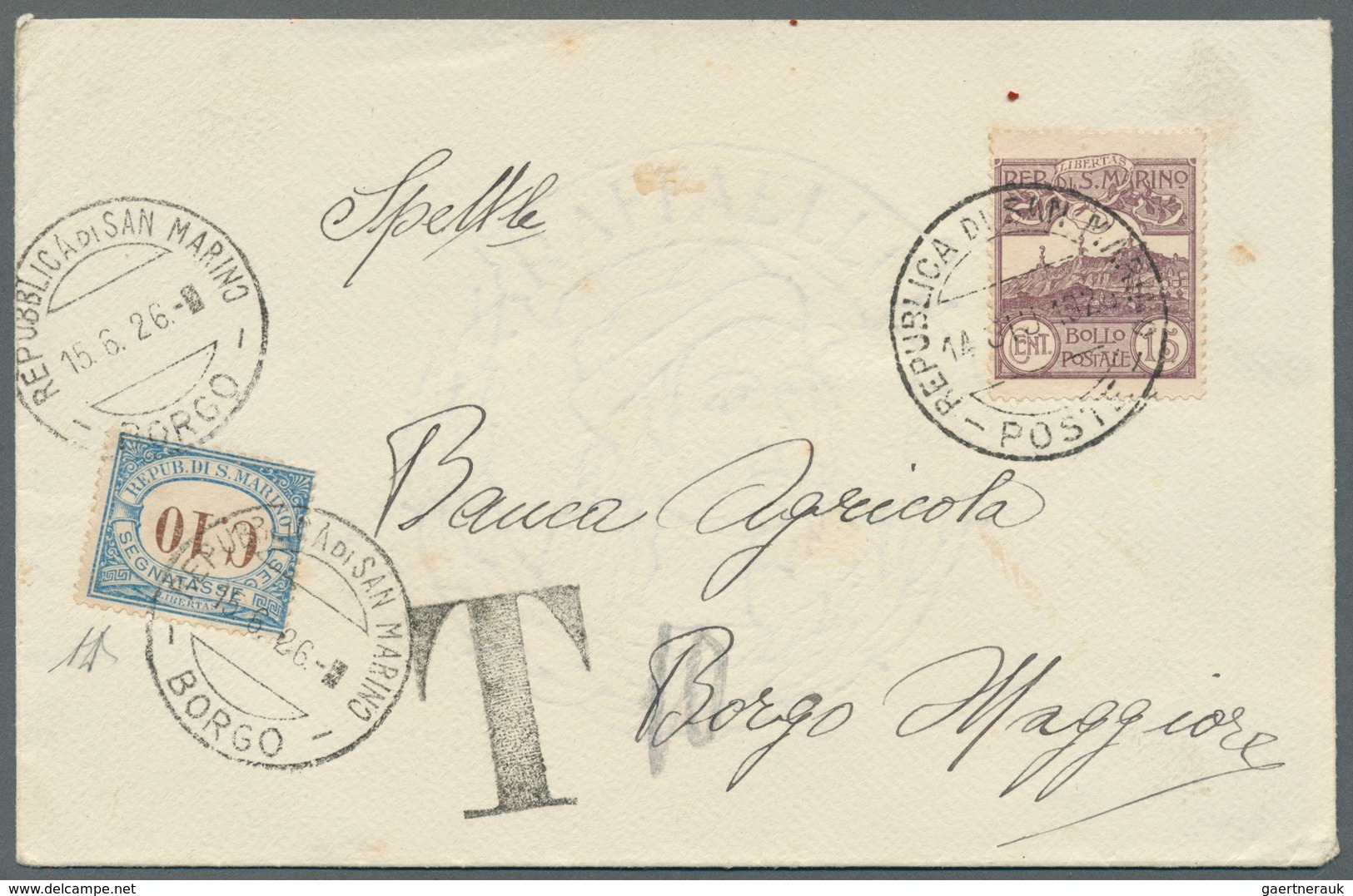 San Marino - Portomarken: 1926 (14 June) Cover Franked With 15c (short Paid By 5c), Used Locally To - Portomarken