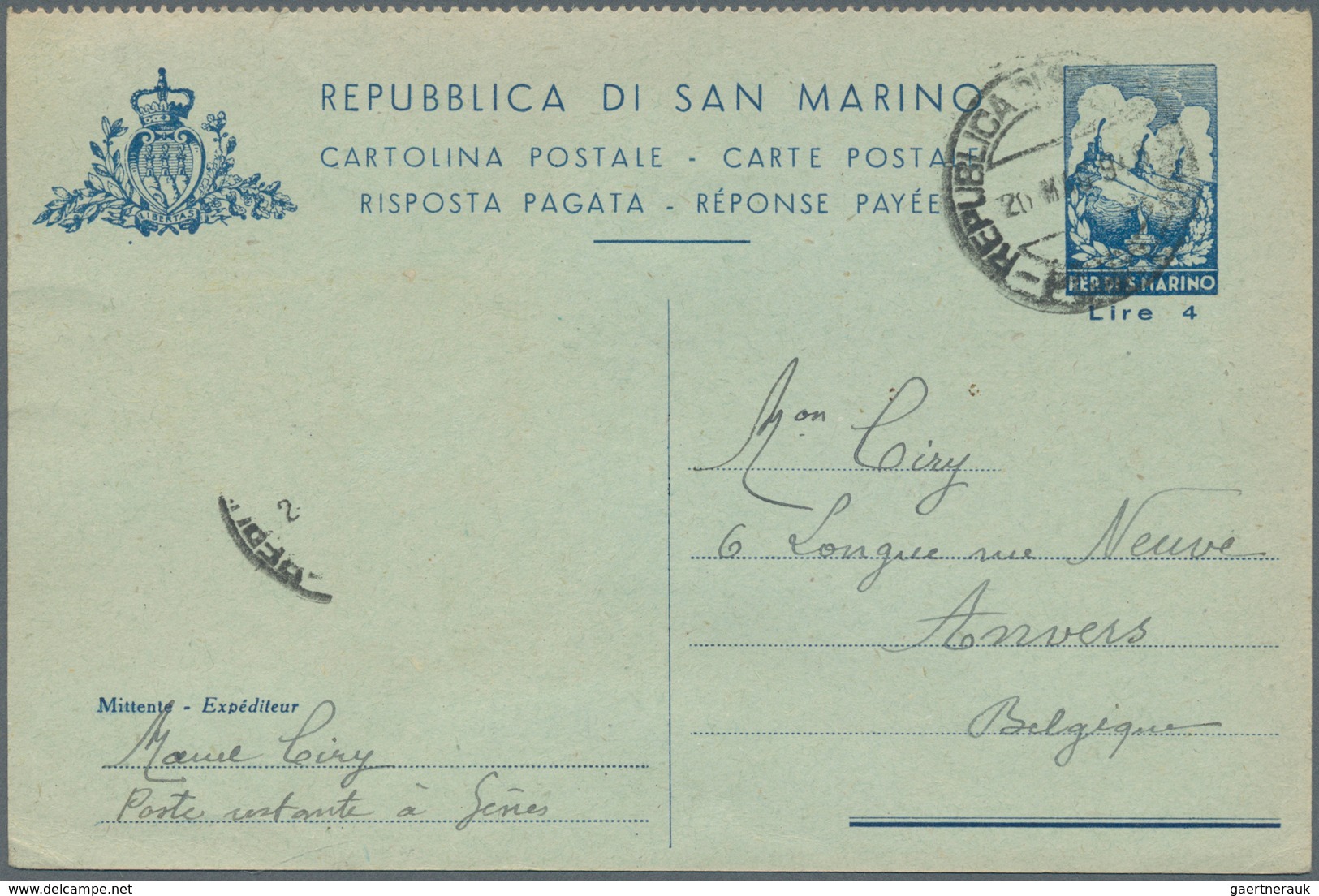 San Marino - Ganzsachen: 1848/1962, Zwei Ganzsachenkarten 4 Lire Blau/Antwortkarte Und 25 Lire Rot M - Ganzsachen
