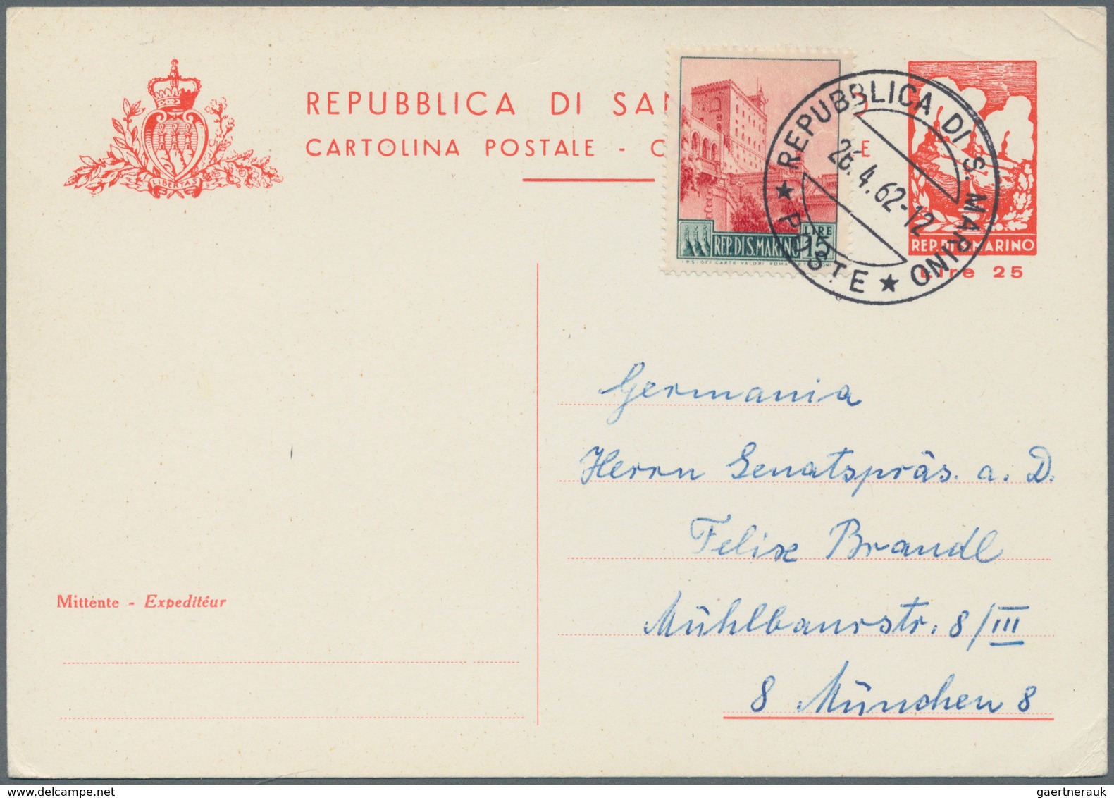 San Marino - Ganzsachen: 1848/1962, Zwei Ganzsachenkarten 4 Lire Blau/Antwortkarte Und 25 Lire Rot M - Postal Stationery