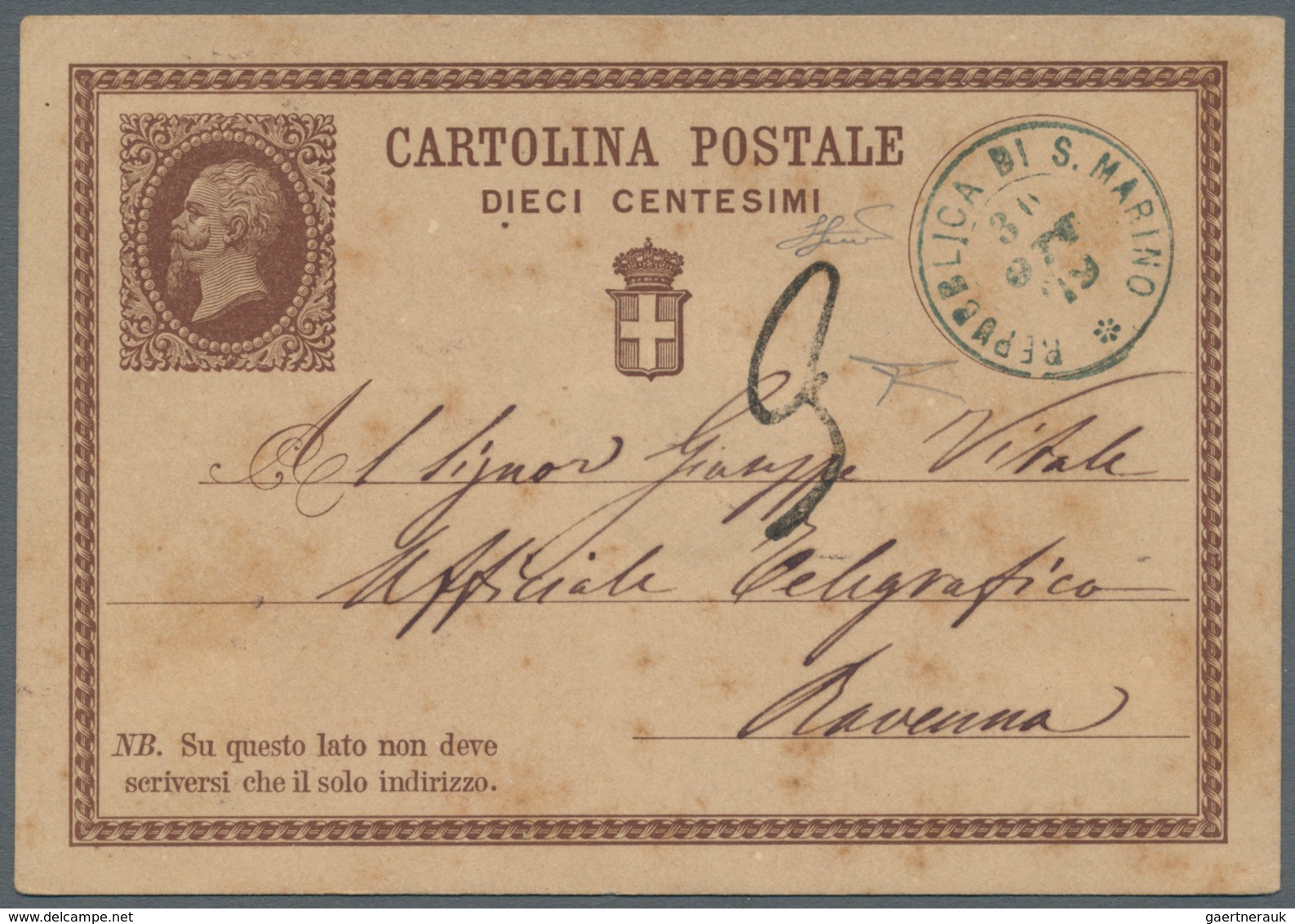 San Marino - Ganzsachen: 1879: Italian Postal Stationery 10 Centesimi Brown Used In SAN MARINO With - Entiers Postaux