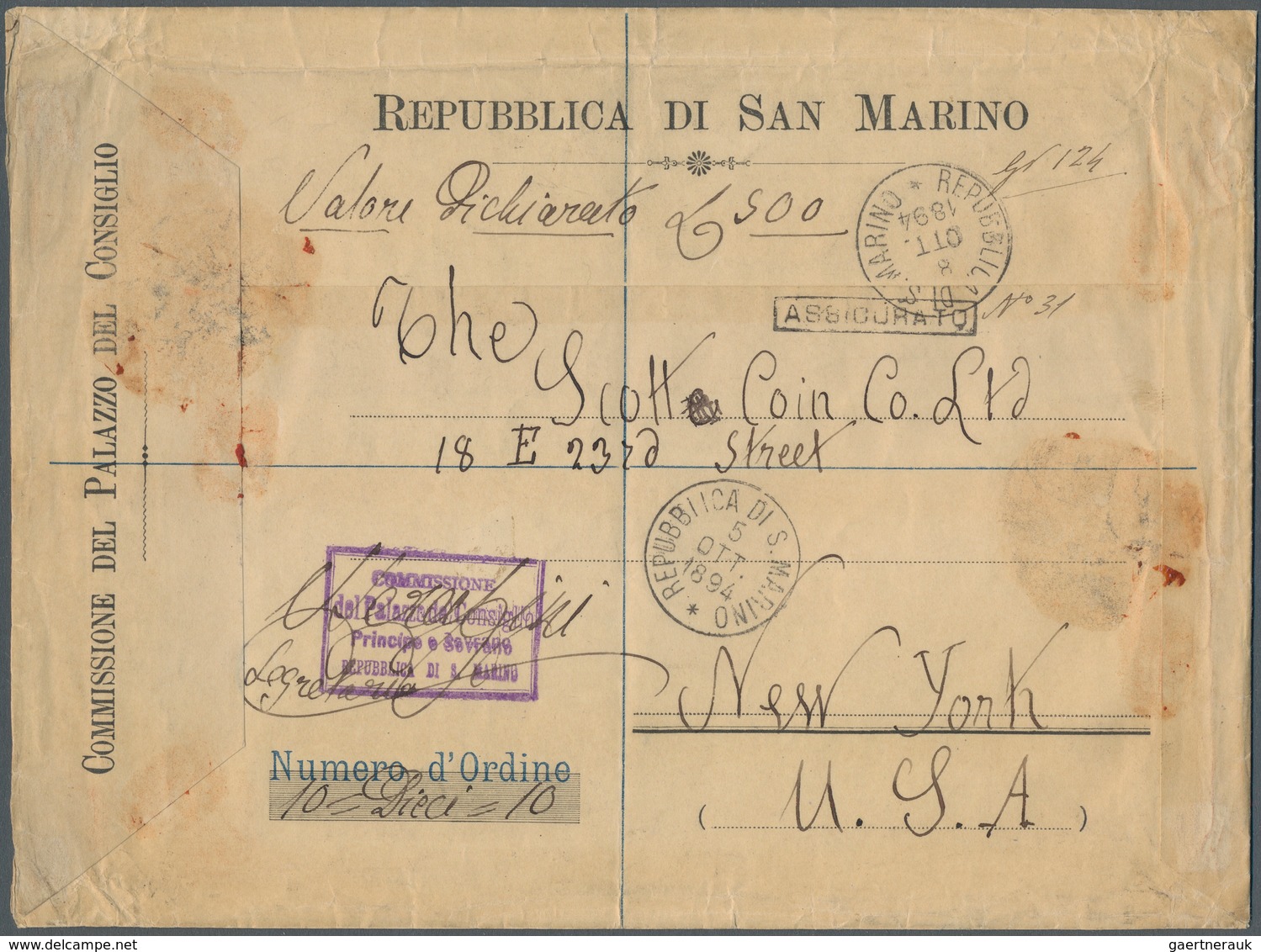 San Marino - Ganzsachen: 1894, 5 Lira Registered Envelope With Multi-colored Frank. H&G # B1, USED J - Postal Stationery