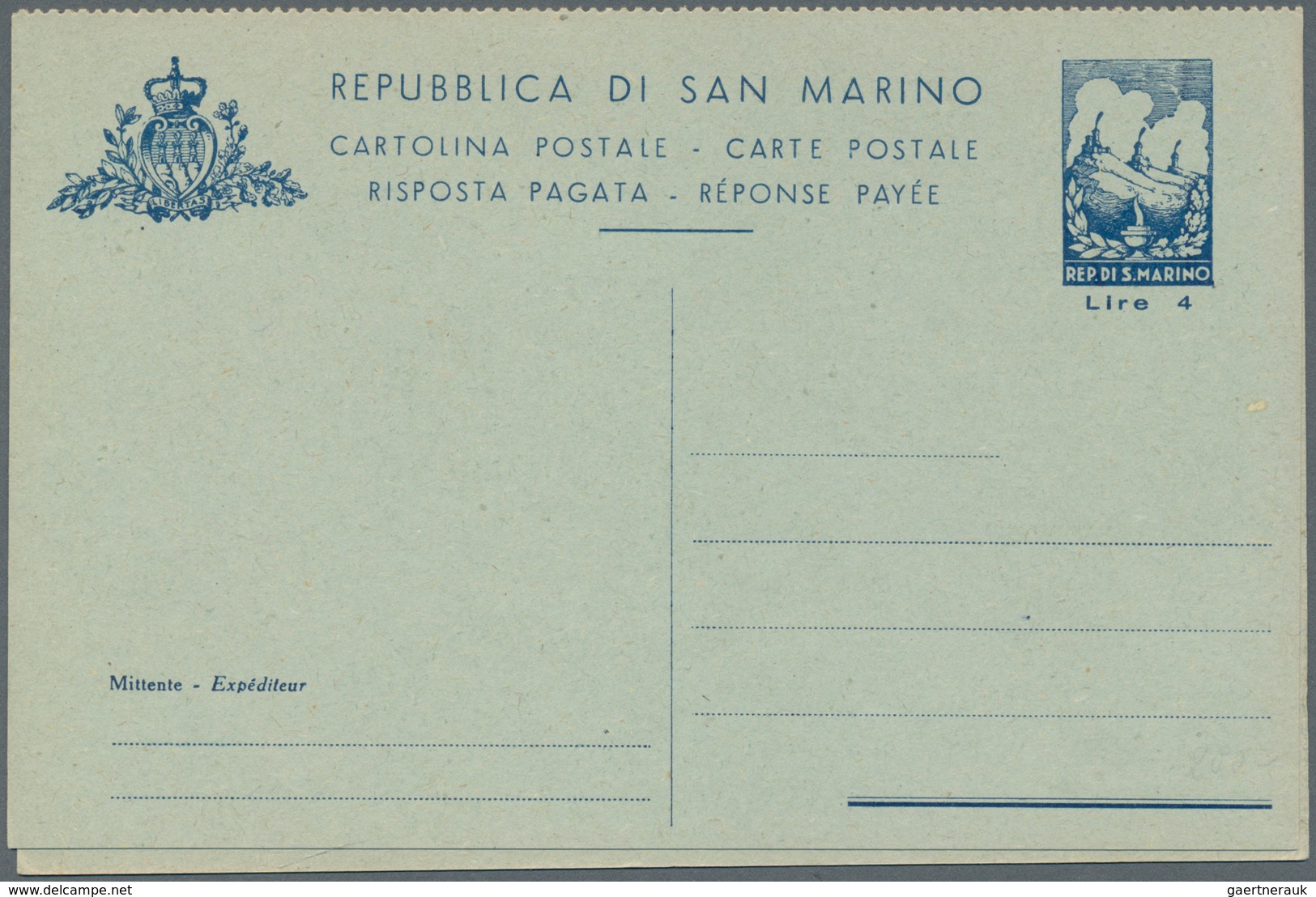 San Marino - Ganzsachen: 1947, Ganzsachen-Doppelkarte 4 Lire Blau "Die Drei Vulkane" Ungebraucht )Mi - Postal Stationery