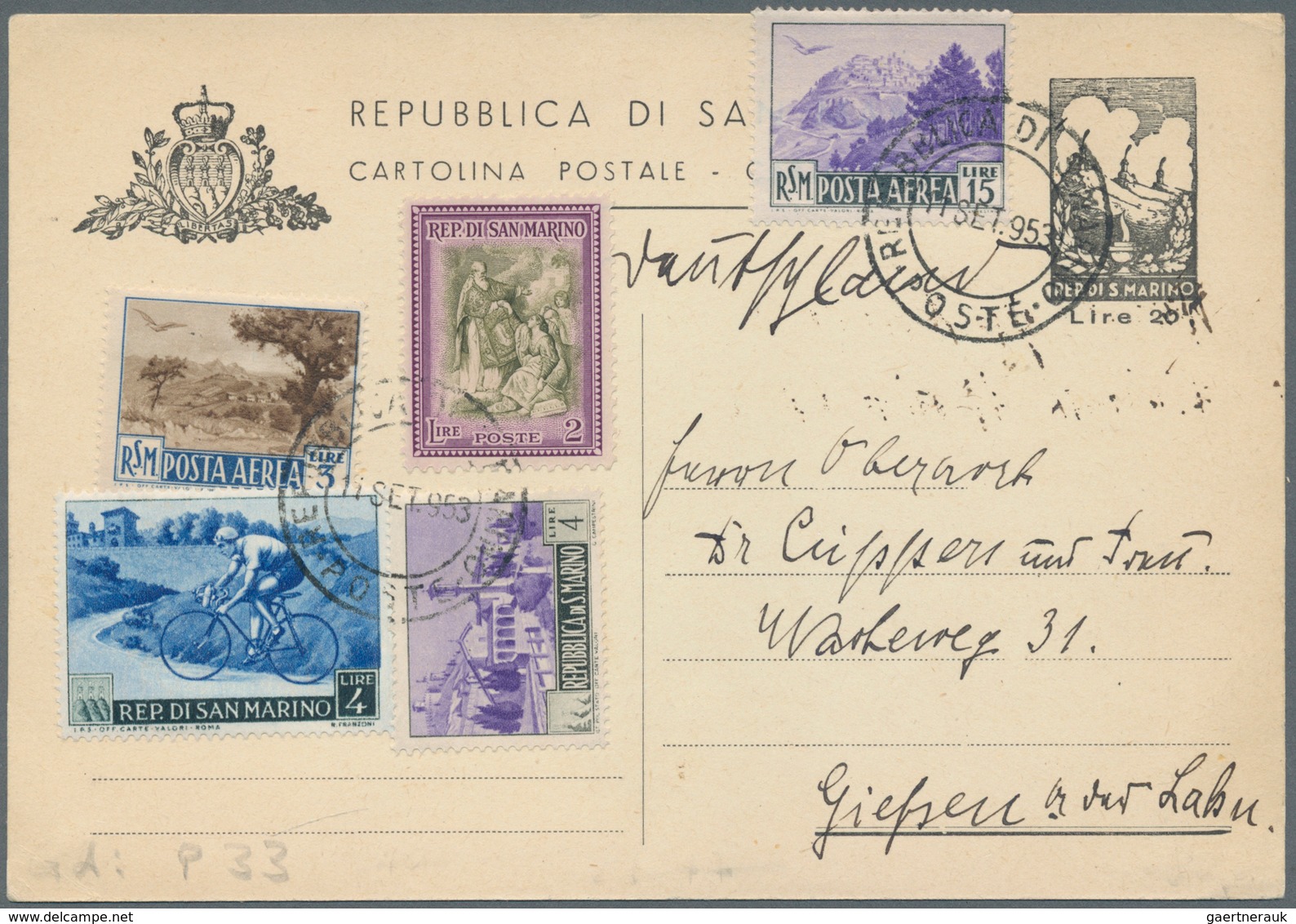 San Marino - Ganzsachen: 1953, 20 Lire Black Postal Stationery Card With Interesting Additional Fran - Postal Stationery