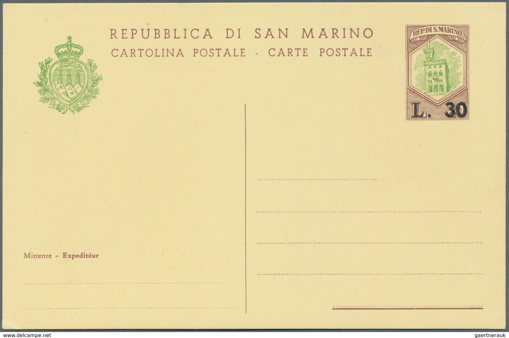 San Marino - Ganzsachen: 1965 Unused Revalued Postal Stationery Card With Surcharge 30 Lire At 25 Li - Postal Stationery