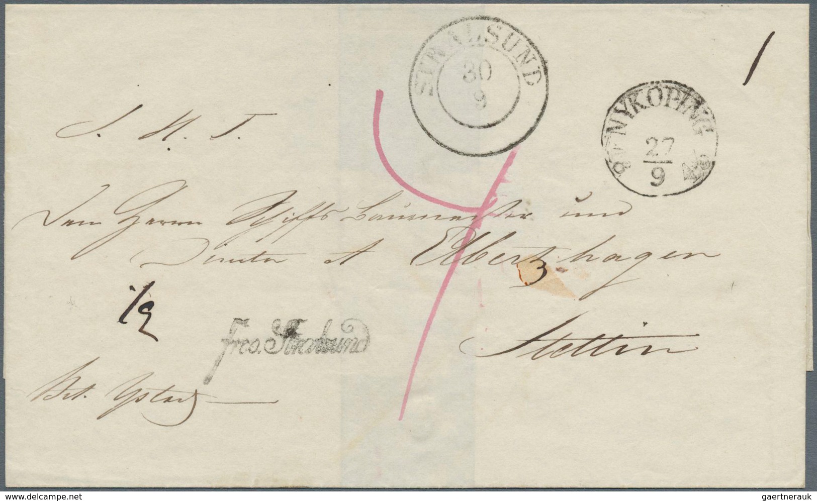 Schweden - Vorphilatelie: NYKÖPING 27/9 1846 Als K1 Auf Faltcouvert Mit Schreib-L1 "Frco. Strahlsund - ... - 1855 Prephilately