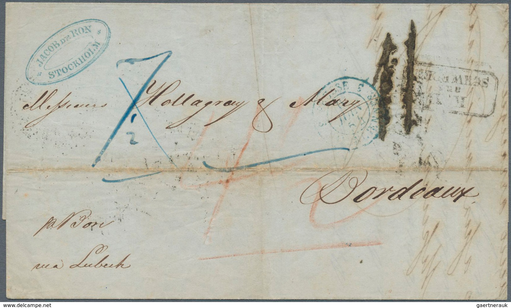 Schweden - Vorphilatelie: 1854, Folded Letter (few Stains) From Stockholm To Bordeaux With M/s "Pr. - ... - 1855 Prephilately