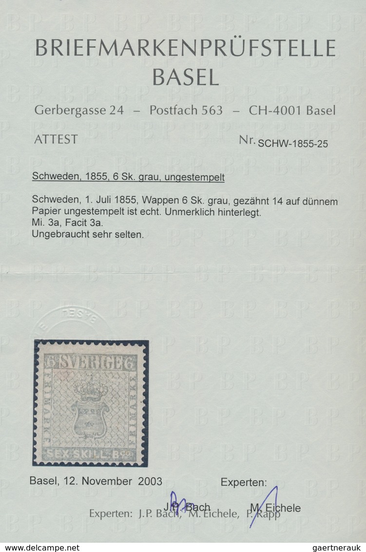 Schweden: 1855, SIX SKILL. Bco. Grey, Fresh Colour, Unused Without Gum, Repaired, Certificate BPB An - Unused Stamps