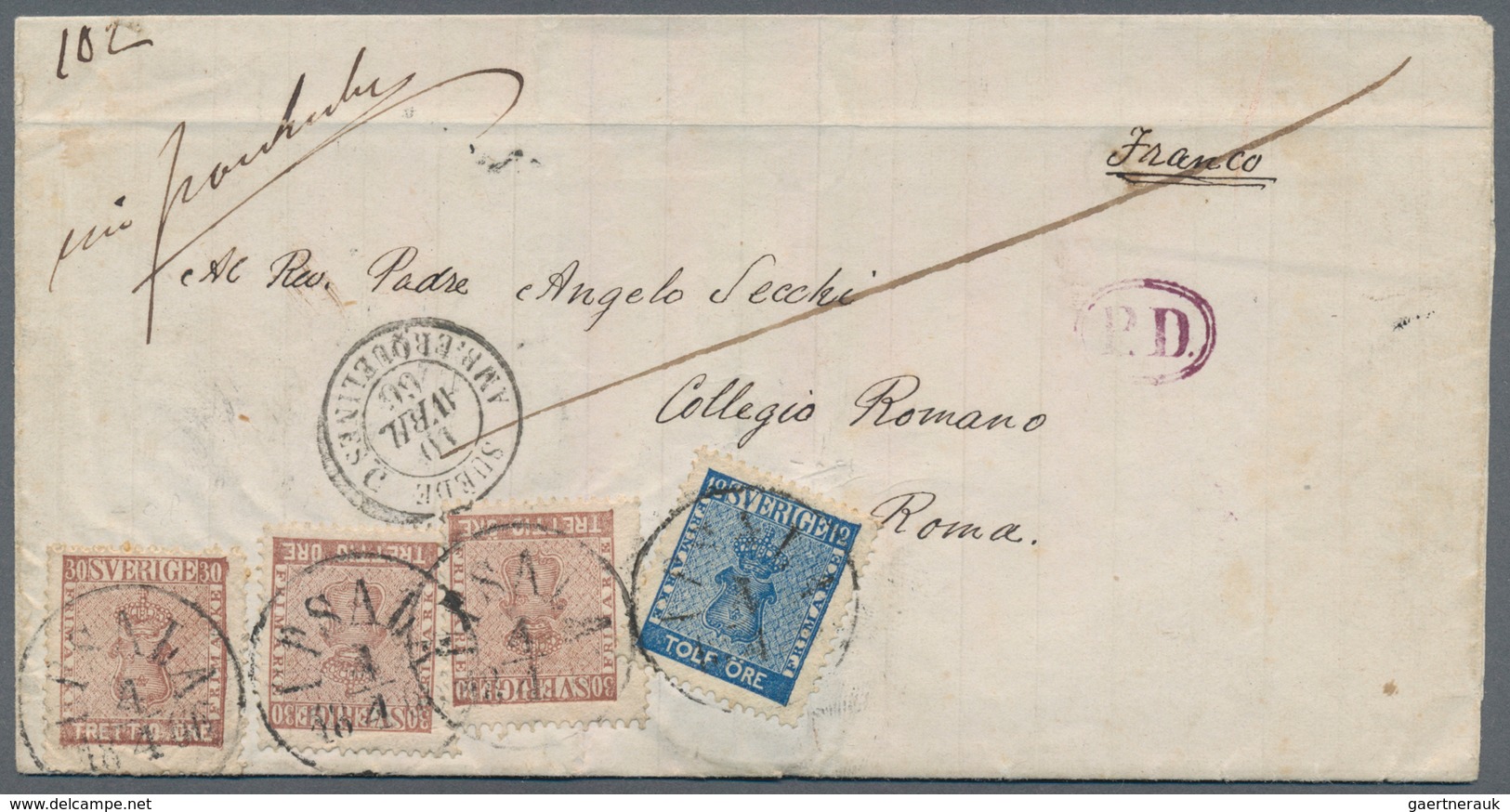 Schweden: 1866, 30 ö Brown, Three Singles And 12 ö Blue, Each Tied By Cds UPSALA 4.4. (1866) On Sing - Unused Stamps