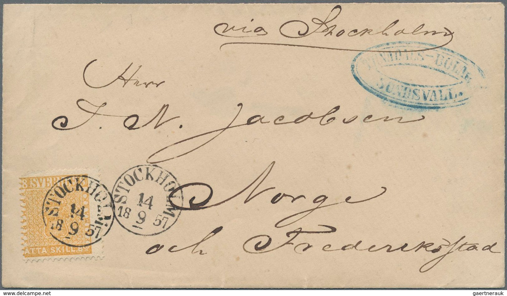 Schweden: 1855-57 8 Skill. Dull Yellow-orange Used As Single Franking On Commercial Cover From Sunsv - Neufs