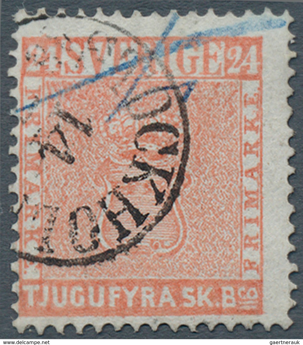 Schweden: 1855, TJUGUFYRA SKILL Bco. Brick-red, Used, Repaired, Certificate Obermüller Wilen BPP - Neufs