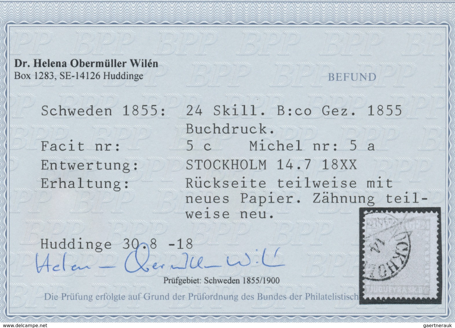 Schweden: 1855, TJUGUFYRA SKILL Bco. Brick-red, Used, Repaired, Certificate Obermüller Wilen BPP - Neufs