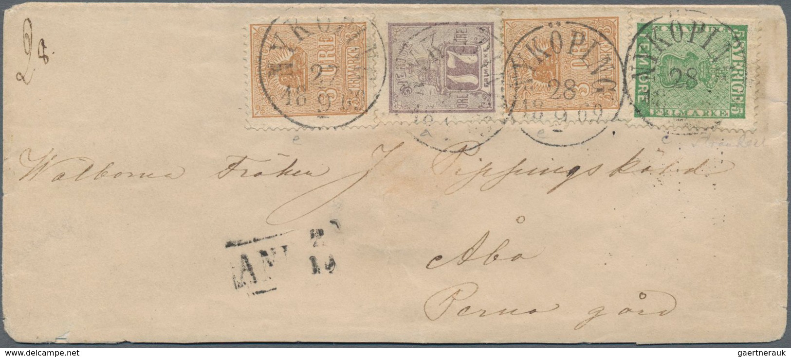 Schweden: 1869 Cover From Nyköping To Åbo, FINLAND Franked By 1867 5øre Green In Combination With Tw - Neufs