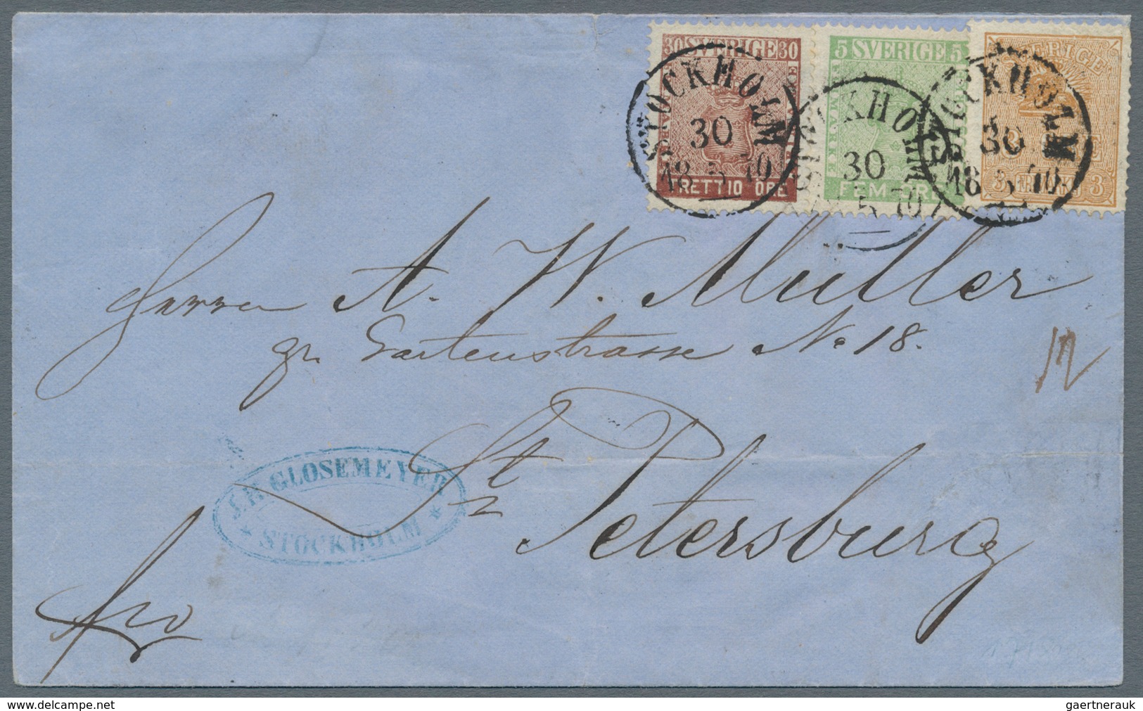 Schweden: 1870 Destination RUSSIA: Folded Cover From Stockholm To St. Petersburg Franked By 'Coat Of - Unused Stamps