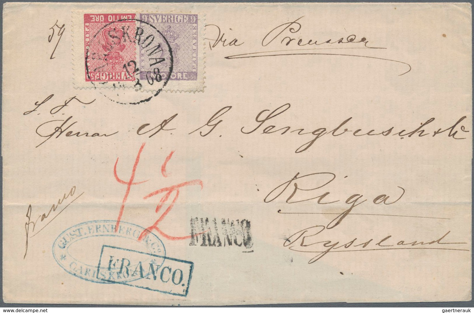 Schweden: 1868 Destination LATVIA: Folded Cover From Carlskrona To Riga, Russia 'via Prussia' (endor - Unused Stamps