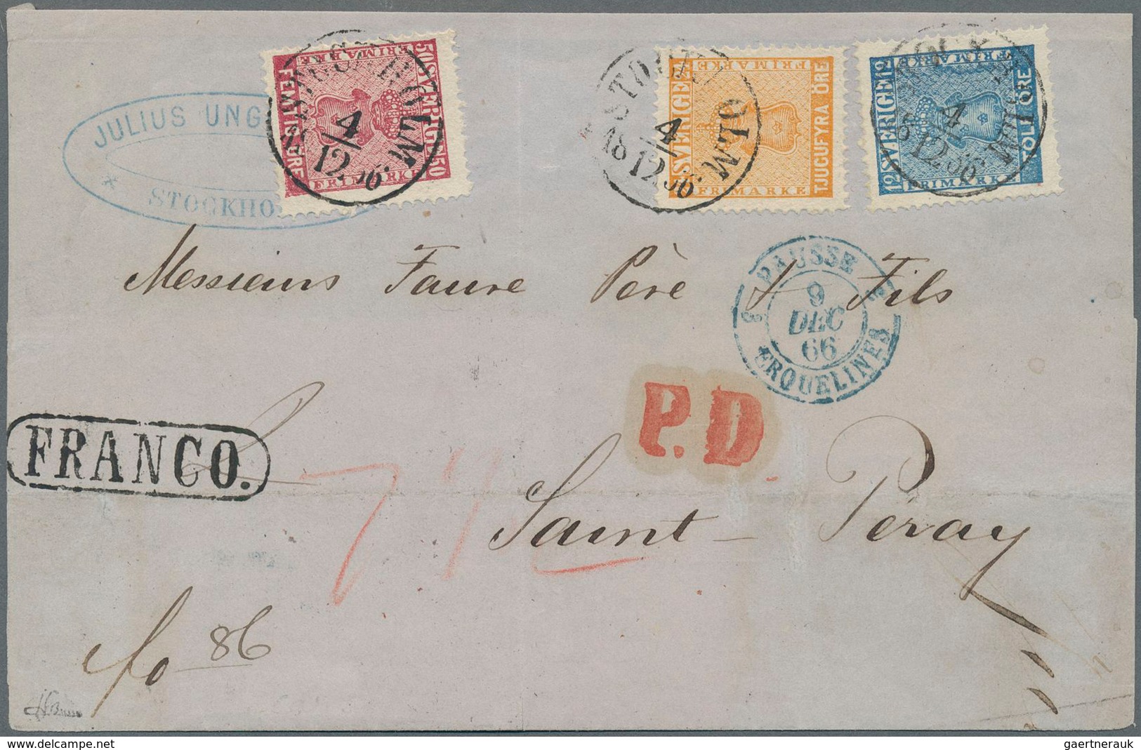 Schweden: 1866 Large Part Of Folded Cover (back-flap Missing) Used From Stockholm To Saint Peray, Fr - Unused Stamps