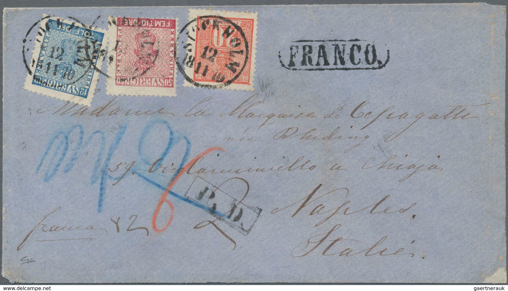 Schweden: 1870 Destination NAPLES: Double-weight Cover From Stockholm To Naples Franked By 'Coat Of - Unused Stamps