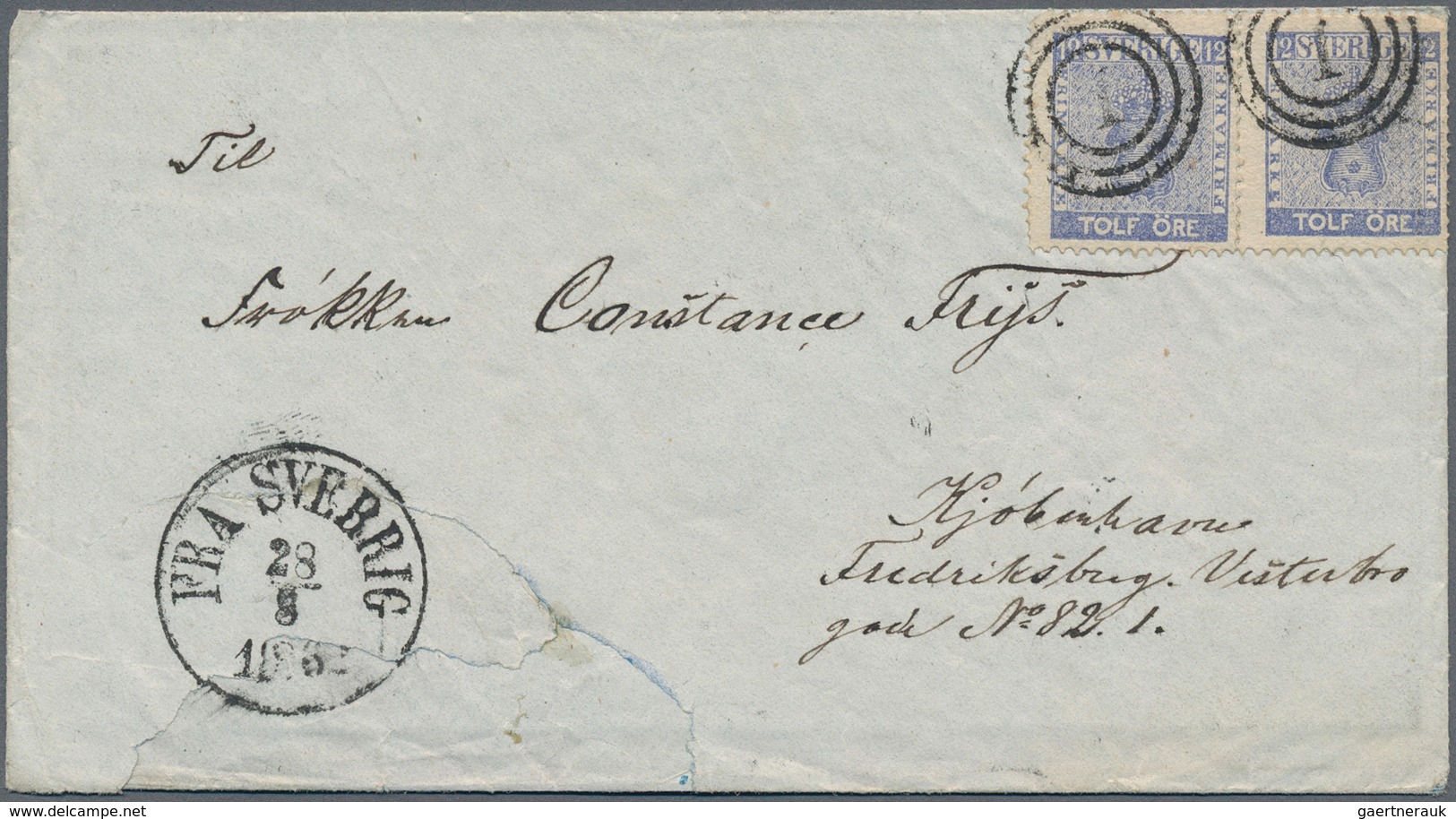 Schweden: 1861, 2 X 12 Öre Ultramarine, Tied By Danish Numeral Ring-cancel "1", Along With Cds FRA S - Unused Stamps