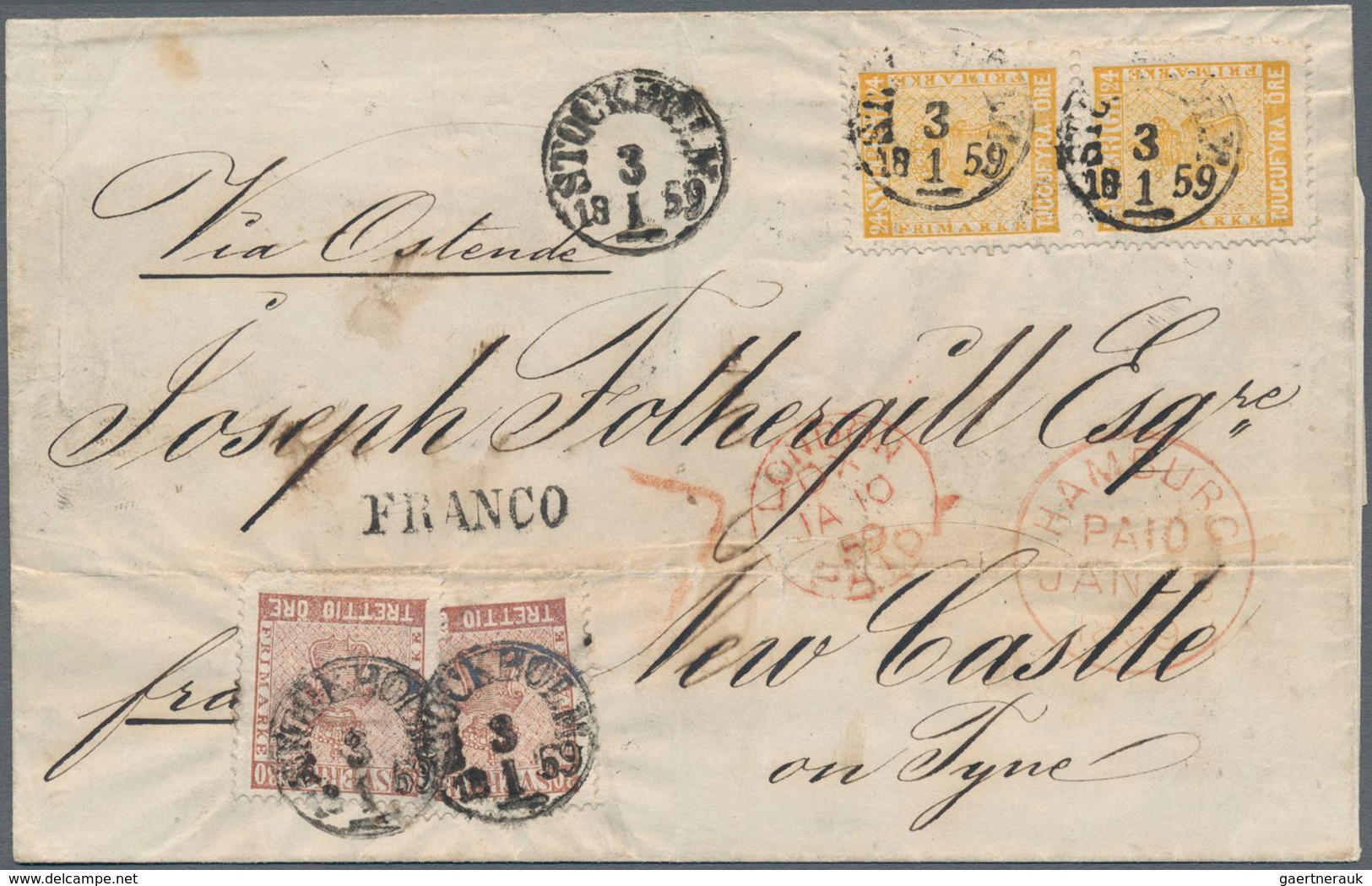 Schweden: 1859 Folded Cover From Stockholm To Newcastle-on-Tyne, England Via Copenhagen, Hamburg, Os - Unused Stamps