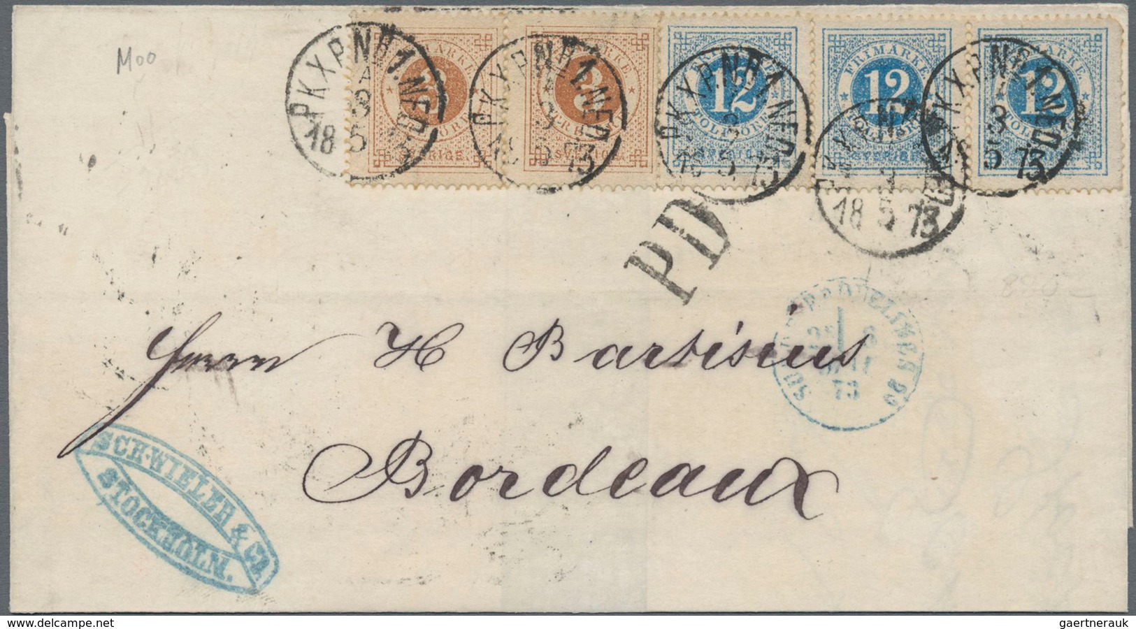 Schweden: 1873 Folded Cover From Stockholm To Bordeaux, FRANCE Franked By 1872 3øre Brown Pair And T - Unused Stamps