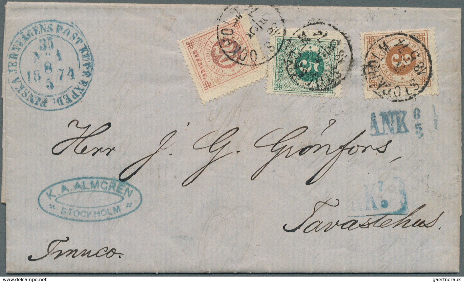 Schweden: 1874. Envelope Addressed To Tavasehu, Finland Bearing Yvert 16, 3 Ore Bistre, Yvert 18, 5 - Neufs