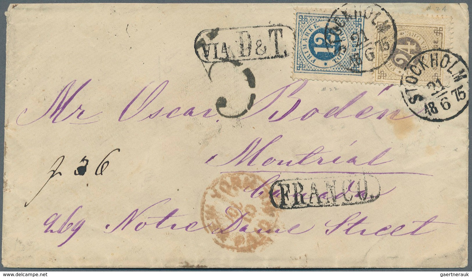 Schweden: 1875, Numerals 12 Ö & 24 Ö On Cover To Canada. Extremely Scarce. Facit Catalog States That - Neufs